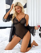 Avidlove Lingerie for Women Sexy Lace Bodysuit Robe Set 2 Piece Mesh Teddy Kimonos Sleepwear Boudoir Outfits S-XXL