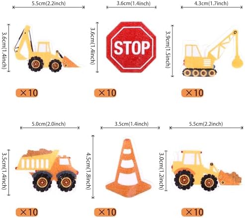 60 PCS Edible Construction Cupcake Toppers Stop Sign Dump Truck Excavator Tractor Party Cake Decorations Edible Cupcake Food Picks for Construction Theme Baby Shower Kids Birthday Party Supplies