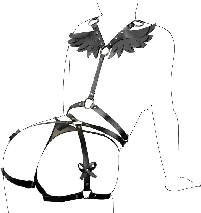 2 PCS Women's Body Chest Harness Belt with Angel Wings Sexy Adjustable Leather Body Caged Gothic Waist Harness Belts BDSM Black PU Bondage Leg Garter Roleplay Cosplay Halloween Party Clubwear