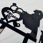 Wedding Couple Kiss, Mr&Mrs Heart Diamond Ring Cake Topper, Bride and Groom with Dog Silhouette Cake Topper (Black)