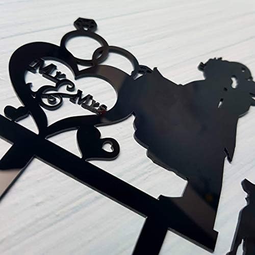 Wedding Couple Kiss, Mr&Mrs Heart Diamond Ring Cake Topper, Bride and Groom with Dog Silhouette Cake Topper (Black)