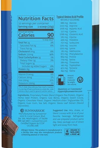 Organic Plant Based Protein Powder | Vegan Organic Protein Powder Chocolate Flavored with BCAA Amino Acids & Hemp Seed Pea Blend | Non-GMO Soy Dairy Filler & Gluten Free (Chocolate, 32 Servings)