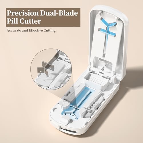 Daviky Pill Cutter Splitter for Small & Tiny Pills, Dual Safety Blades, Adjustable Centering Slot, Precise 1/2 1/3 1/4 Tablet Cutter, Built-in Storage, Portable & Senior-Friendly