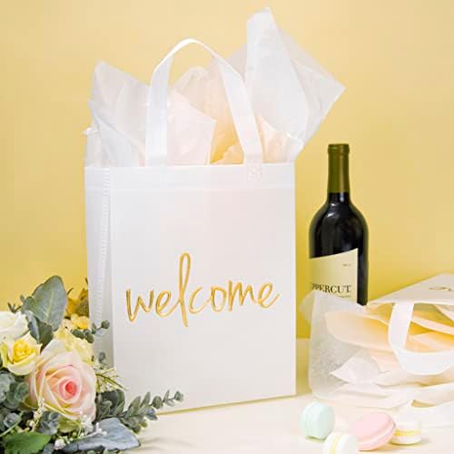 Crisky Reusable White Gold Welcome Gift Bags for Wedding Birthday Parties, 50 Counts Medium Size Eco-Friendly Non-Woven for Guests, 11 x4 x9 Inches