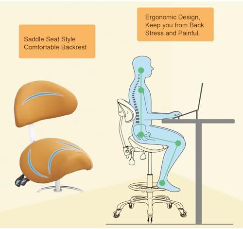 Saddle Stool Chair with Back Support Footrest, Heavy-Duty(350LBS), Hydraulic Rolling Swivel Adjustable Stool Chair for Salon Spa Beauty Massage Dental Clinic Home Office Use(Camel)