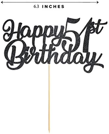 Black Happy 51st Birthday Cake Topper, Black Glitter Cheers To 51 Years Party Cakes Decorations, Supply