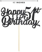 Black Happy 51st Birthday Cake Topper, Black Glitter Cheers To 51 Years Party Cakes Decorations, Supply