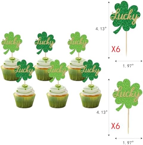 36 pcs St Patrick's Day Cupcake Toppers, Green Glitter Shamrock Four Leaf Clover Horseshoe Hat for St Patrick's Day Theme Baby Shower Birthday Party Supplies