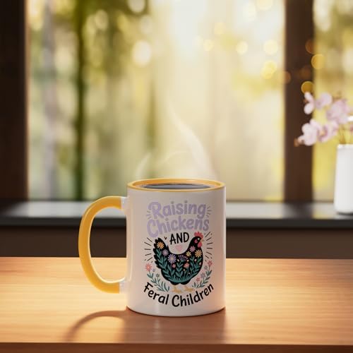 Raising Chickens And Feral Children Ceramic Mug, Yellow/White