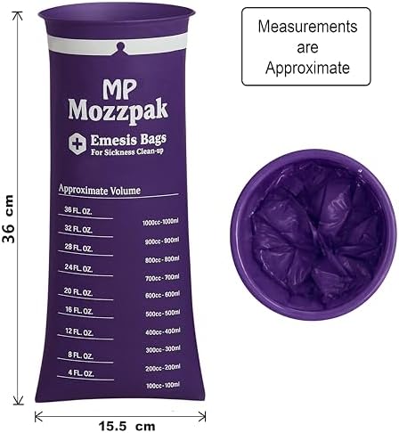 MP MOZZPAK Vomit Bags Disposable 50 Pack - 1000ml Emesis Bags, Leak-Proof Barf Bag, Travel Friendly Puke & Nausea Bag for Motion Sickness, Medical Grade Throw up Relief for Car, AirPlane, & Road Trip