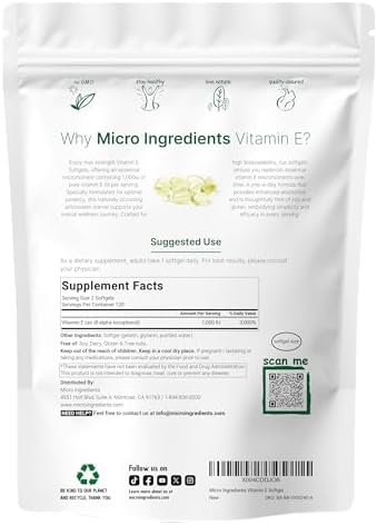 Micro Ingredients Vitamin E 1000 IU, 240 Softgels | Pure Vitamin E Oil Pills | Antioxidant Supplements for Skin and Face | Non-GMO, Gluten Free