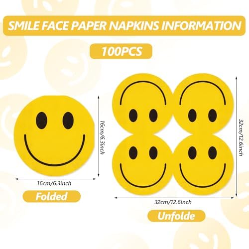 Whaline 100Pcs Smiling Face Napkins Yellow Paper Napkins Cute Disposable Luncheon Dinner Napkin for Birthday Preppy Party Supplies Table Decor, 6.3 In