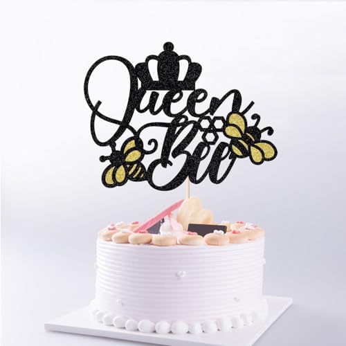 Glitter Queen Bee Cake Topper, Bumble Bee Themed, Gold & Yellow, 1 Count, 6.6 x 5.5 inches, Mother's Day & Birthday Occasion