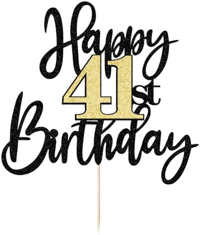 Black Gold Glitter Happy 41th Birthday Cake Topper,Happy 41 Birthday Cake Decoration for 41 & Fabulous Birthday,Hello 41 Party Anniversary Party Cake Decorations Supplies