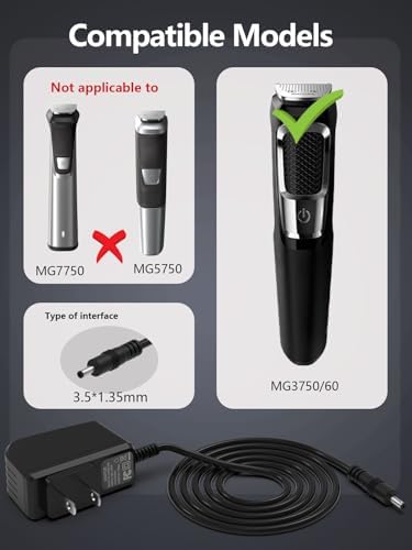 8V Shaver Charger Compatible with Philips Norelco Hq840 Beard Trimmer Power Cord Replacement Compatible with Multigroom Series 3000 MG3750 MG3750/50 MG3750/10 MG3750/60 MG3760 Supply Battery Adaptor