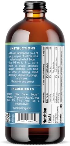 Bluestem Botanicals Organic Thyme Simple Syrup, 8 oz, Cocktail and Mocktail Mixer for Drinks, Non-Alcoholic