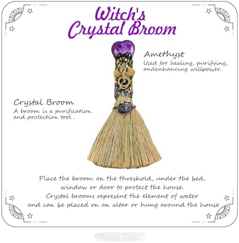 Amethyst Crystal Heart-Shaped Magic Broom - Reiki Energy Cleansing & Healing Tool, Feng Shui Home Decor, Witch Altar Accessory & Spiritual Gift for Women (Natural Gemstone, Witchcraft)