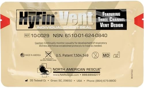 North American Rescue HyFin Vent Chest Seal (Individual) NAR Compact 3-Channel Pressure Relief Vents for Chest Trauma, Injuries, Wounds (10-0029)