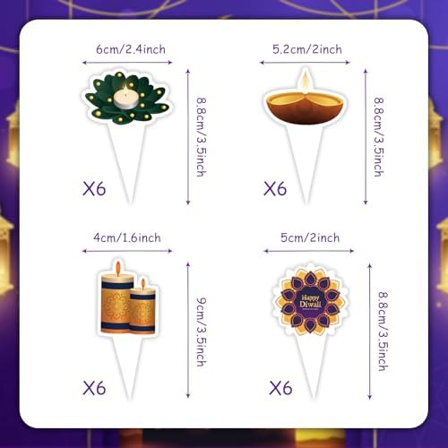 Happy Diwali Cupcake Toppers and Wrappers, 48Pcs Deepavali Themed Cupcake Decorations for Indian Hindu Diwali India Festival of Lights Party Supplies