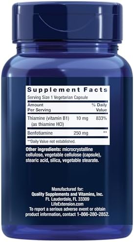 Life Extension Mega Benfotiamine, 250 mg, a fat-soluble form of thiamine, healthy metabolism, ultra-bioavailable vitamin B1, high potency, gluten-free, non-GMO, vegetarian, 120 capsules