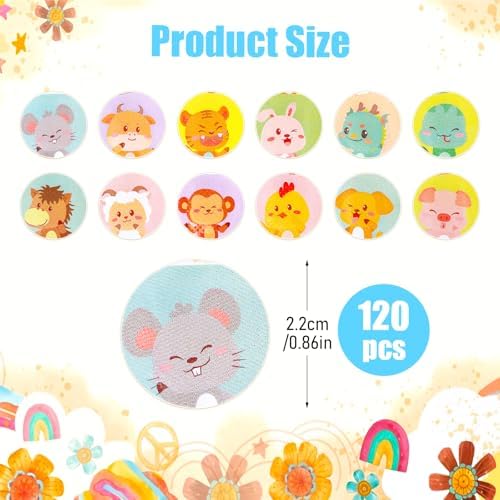 120Pcs Cute Kids Bandages 12 Styles Cartoon Animal Pattern Bandaids Variety Pack, 0.9In Round Vaccination Bandage Adhesive Plaster Dot, Kids Bandaids for Small Wounds, Pimples, Vaccination
