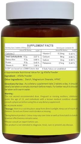 Herbal Hills Alfalfa Tablets | 120 Count | Source of Vitamin A | Natural Green Superfoods
