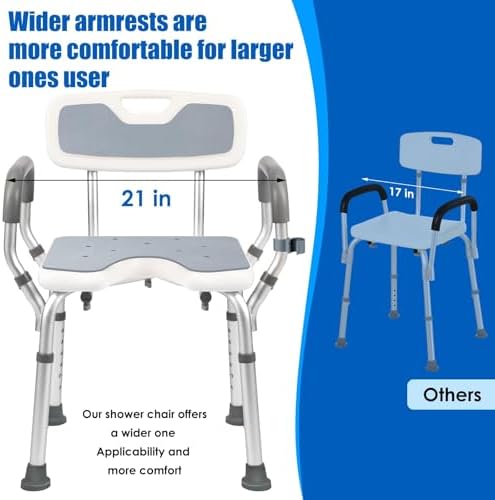 Shower Chair with Arms and Back Heavy Duty 330lbs, Shower Seat for Inside Shower with Shower Head Holder, Shower Bathroom Chair with Cutout Seat & Cold-Proof Pads, Tools-Free Assembly