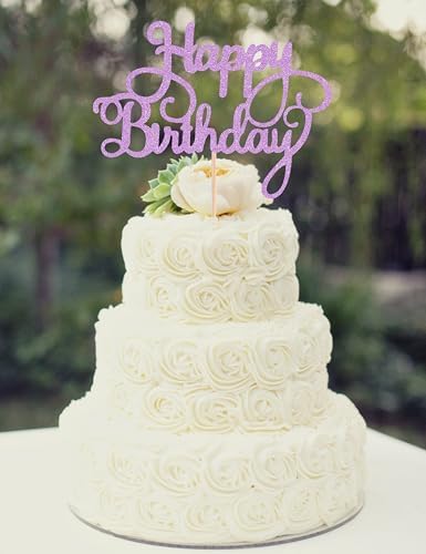Happy Birthday Cake Topper - Light Purple Glitter Happy Birthday Cake Bunting Decor - Birthday Party Cake Decoration Supplies, for Photo Booth Props