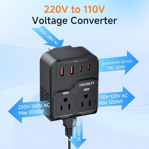 2000W Voltage Converter US to Europe, 220V to 110V Converter for Hair Dryer, 7-in-1 European Travel Plug Adapter with 3AC/2USB-A/2USB-C (PD20W), Travel Essentials (Black) (Black)