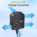 2000W Voltage Converter US to Europe, 220V to 110V Converter for Hair Dryer, 7-in-1 European Travel Plug Adapter with 3AC/2USB-A/2USB-C (PD20W), Travel Essentials (Black) (Black)