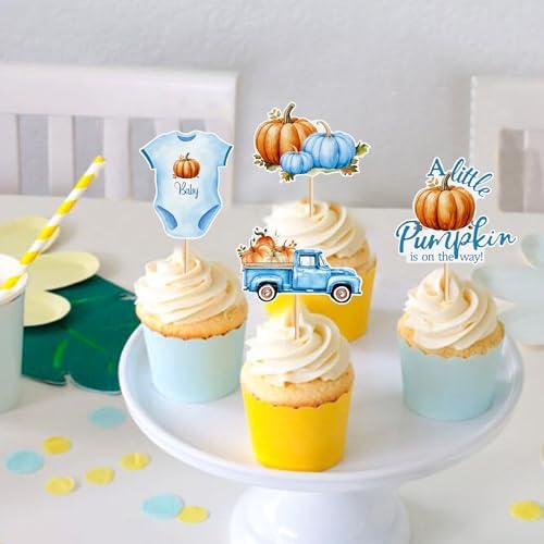 Ercadio 36Pcs Pumpkin Truck Cupcake Toppers Blue Fall Harvest Pumpkin Truck Cupcake Picks for Fall Harvest Theme Thanksgiving Party Birthday Decorations Supplies