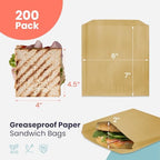 Fit Meal Prep 200 Pack Paper Sandwich Bags 7 x 6”, Greaseproof Snack Bags, Unbleached Pastry Bag, Recyclable Small Brown Paper Bags, Cookie Sleeves, Food Packing for Bakery, Donuts