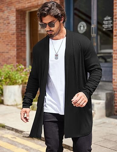 COOFANDY Men's Ruffle Shawl Collar Cardigan Open Front Lightweight Long Length Drape Cape Overcoat with Pockets