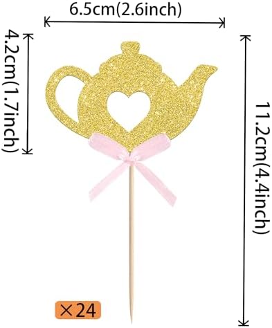 24 PCS Teapot Cupcake Toppers Gold Glitter Bow Floral Tea Time Cupcake Picks Afternoon Tea Party Decorations for Tea Party Theme Baby Shower Wedding Birthday Party Cake Decorations Supplies