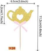 24 PCS Teapot Cupcake Toppers Gold Glitter Bow Floral Tea Time Cupcake Picks Afternoon Tea Party Decorations for Tea Party Theme Baby Shower Wedding Birthday Party Cake Decorations Supplies