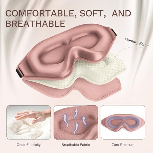 FlyCoco 99% Fully Block Out Light Eye Sleep Mask, 3D Deep Contoured Eyes Cover Zero Pressure, Long Lash Extension Eyes Mask with Adjustable Straps for Sleeping Travel Home Nap Rest Women Men (Rose)