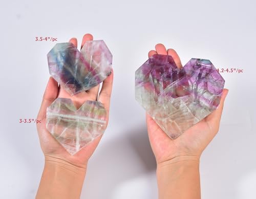 AMOYSTONE Large Heart Shaped Rock Stone Natural Fluorite Healing Heart Shaped Rock Crystals Chakra Reiki Balancing Meditation Home Decor, 3.5-4"/pc with Rack