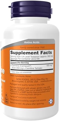 NOW Foods Supplements, L-Carnitine (L-Carnitine Tartrate) Pure Powder, Boosts Cellular Energy, Amino Acid, 3-Ounce