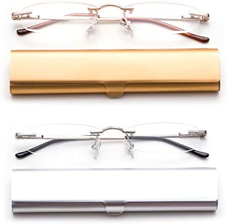 Newbee Fashion-Portable Compact Reading Glasses in Aluminum Case Metal Rectangle Rimless Reading Glasses Super Lightweight Reader Slim Design Comfort Fit for Men&Women 2 PACK GOLD & SILVER+1.75