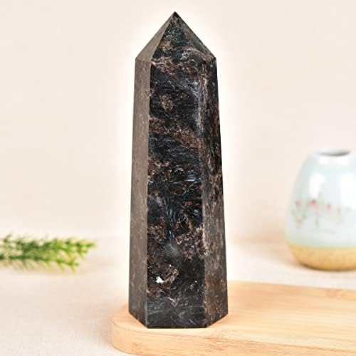 Large Astrophyllite Quartz Healing Crystal Tower Black Firework Stone Obelisk 6 Faceted Single Point Wand Reiki Chakra Meditation Therapy 1.5-2.0 LBS