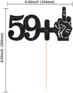 Ephlyn 1Pc 59+1 Middle Finger Black Glitter Cake Topper 60th Birthday Party Cake Decorations for Funny Sixty Years Old Birthday Party Supplies