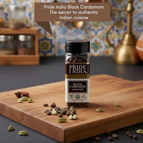 Pride of India – Black Cardamom Whole – Cardamom Pods – Firm & Smoky Flavor – Freshly Dried – Ideal for Indian & Asian Cooking – Easy to Use – 1 oz. Small Dual Sifter Bottle