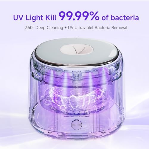 Ultrasonic Retainer Cleaner Machine with UV Light – 4 Timer Modes Ultrasonic Cleaner for Retainers, Dentures & Mouth Guards – 360° Deep Cleaning, Low Noise