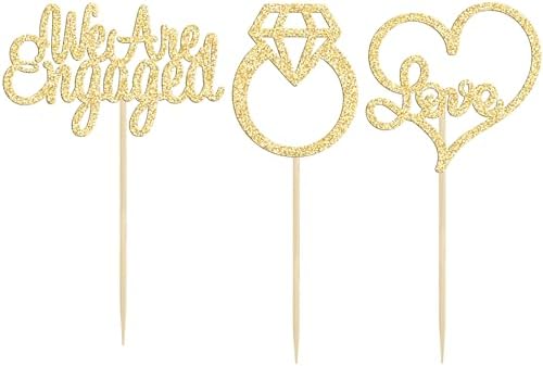 Gyufise 24Pcs Gold We're Engaged Cupcake Topper Glitter Bridal Shower Diamond Ring Love Heart Cupcake Picks Wedding Engagement Theme Party Cake Decorations Supplies