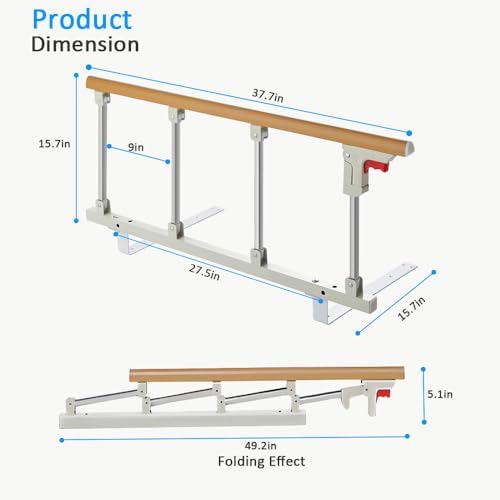 Bed Rails for Elderly Adults Safety, Folding Bedside Assist Rail Handle, Fall Prevention Guard Rail for Seniors, Fits King, Queen, Full, Twin, 37.7" x15.7"