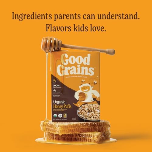 Good Grains Organic Honey Puffs Cereal - No Refined Sugar (0G), Sweetened with Organic Honey, Good Source of Fiber (4g), Whole & Ancient Grain Puffed Breakfast Cereal - 1 Count