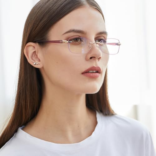 Rimless Reading Glasses for Women, Rectangle Blue Light Blocking Readers With Tinted Edge