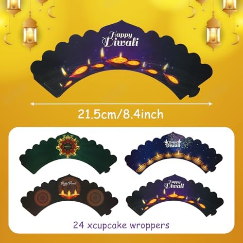 Happy Diwali Cupcake Toppers and Wrappers, 48Pcs Deepavali Themed Cupcake Decorations for Indian Hindu Diwali India Festival of Lights Party Supplies