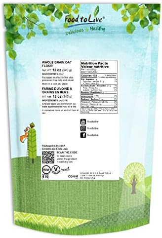 Food to Live Whole Grain Oat Flour – Finely Ground from Whole Grain Oat Groats, Vegan. Rich in Fiber, Protein. Perfect for Flour Blends. Great for Baking Muffins, Fluffy Cakes, Bread, and Pancakes