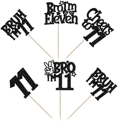 30 PCS Bro I'm 11 Cupcake Toppers Glitter Happy 11th Birthday Cupcake Picks Bruh I'm 11 Cake Decoration Cheers to Eleven Years for Boys Brother 11th Birthday Party Cake Decorations Supplies Black